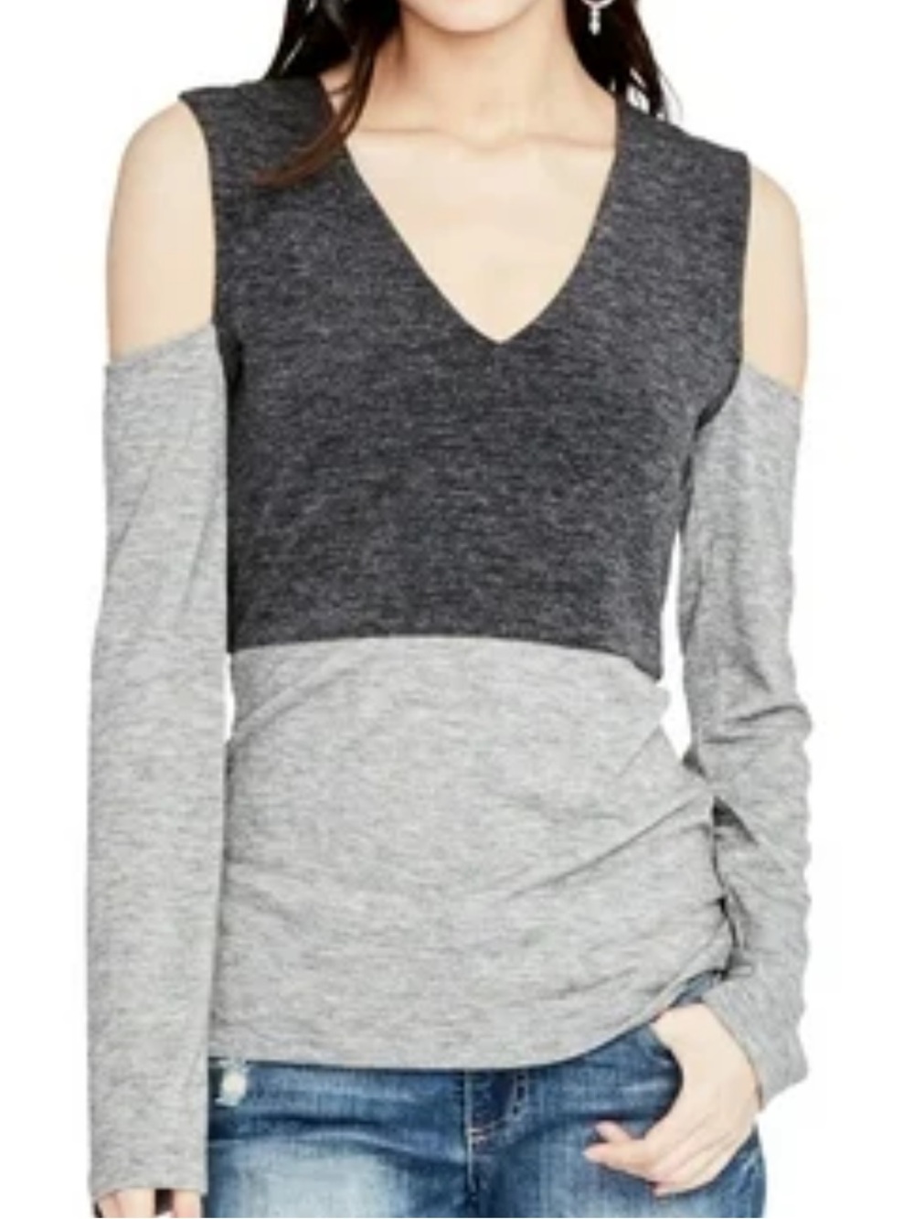 NWT Rachel Roy Cold Shoulder Colorblock V-Neck Knit Top Gray Size Small